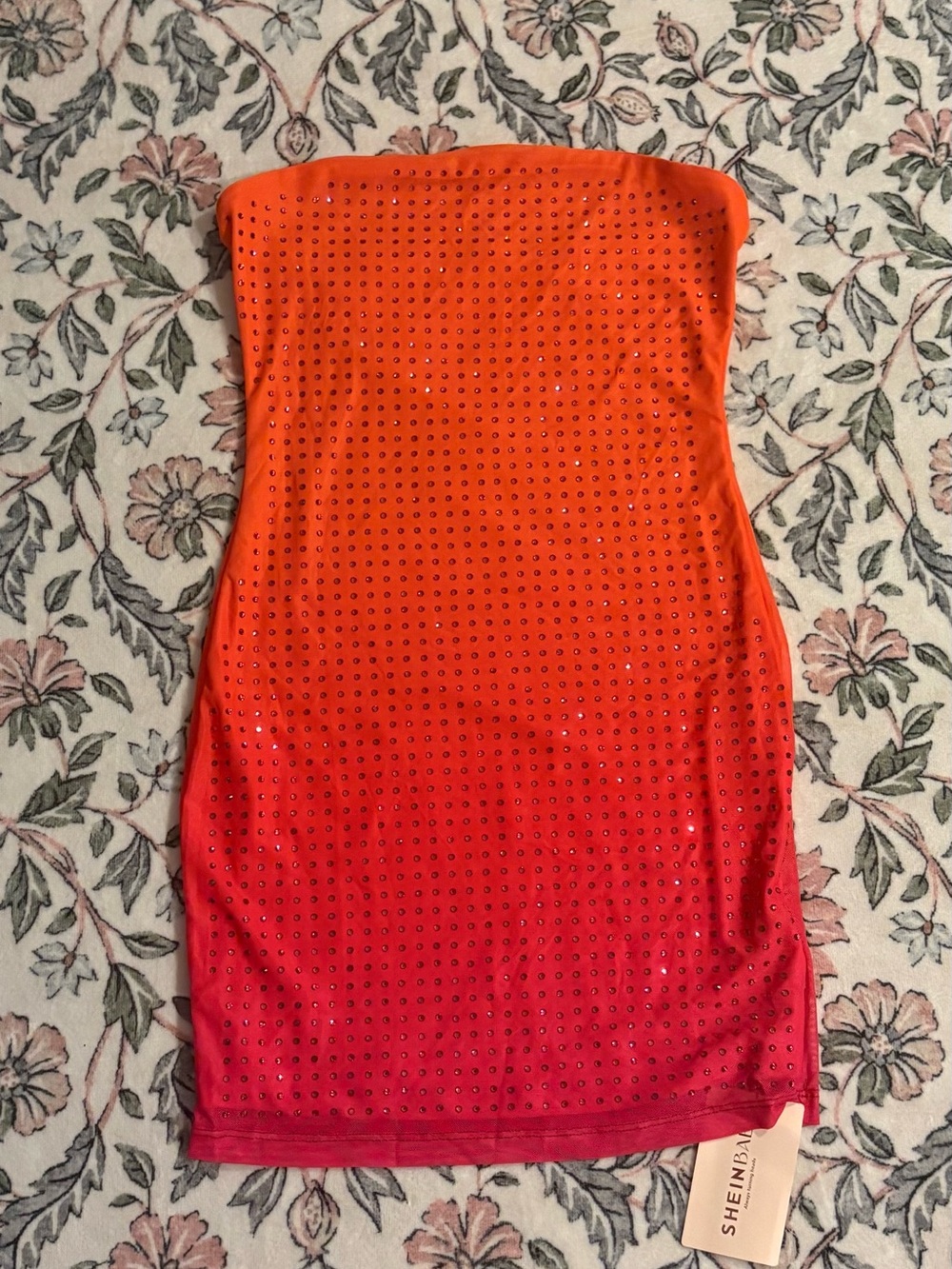 SHEIN Orange to Pink Strapless Ombre Eyelet Bodycon Dress